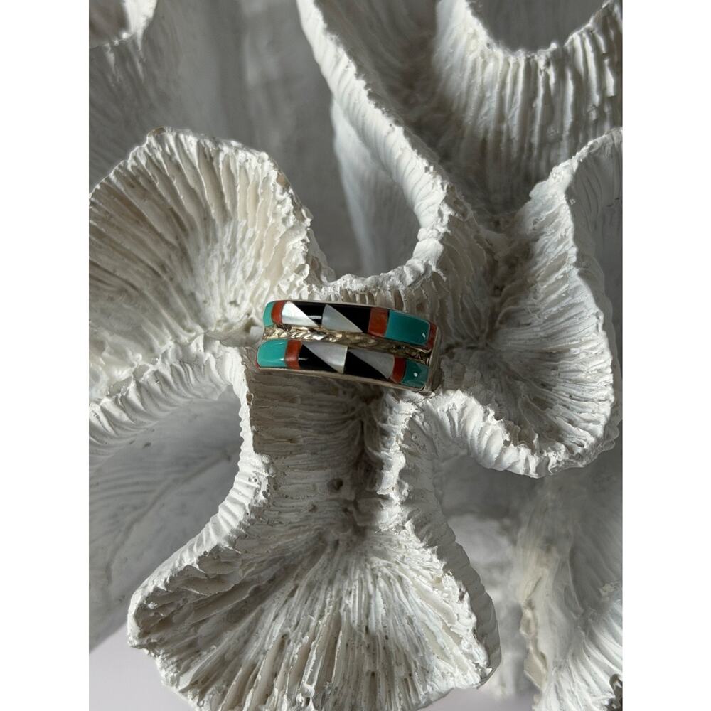 Zuni 925 Sterling Silver Multi-Stone Ring Size 8